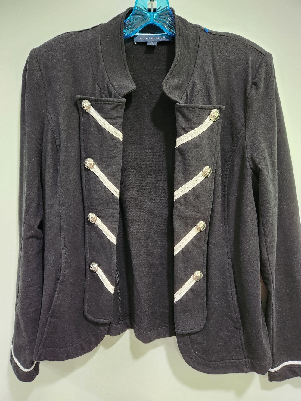 Tommy Hilfiger Black Military-Inspired Blazer with White Trim